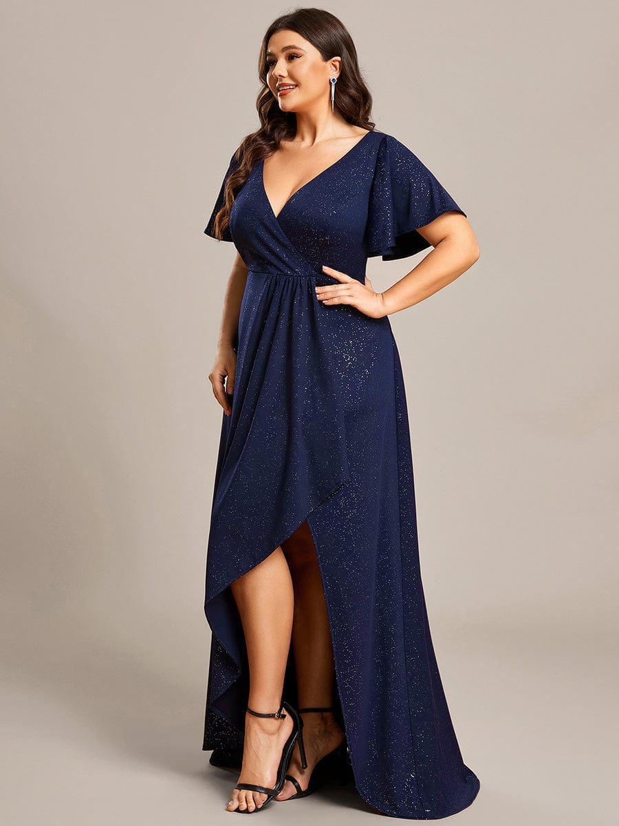 Ruffle Sleeves V Neck High Low Evening Dress #color_Navy Blue