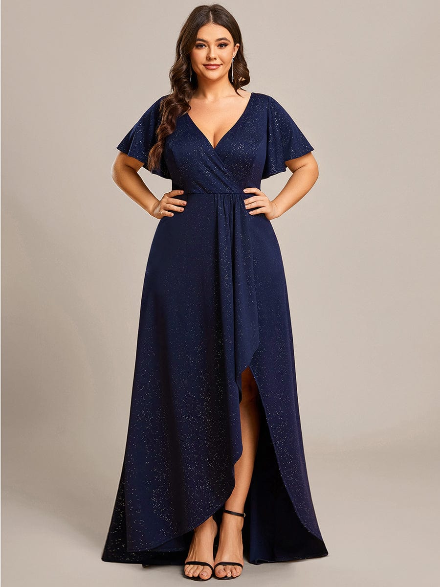 Ruffle Sleeves V Neck High Low Evening Dress #color_Navy Blue