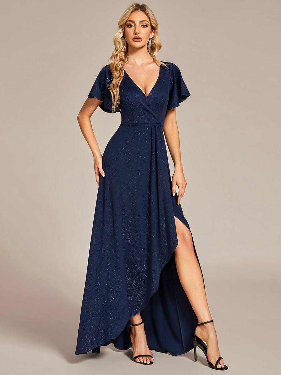 Ruffle Sleeves V Neck High Low Evening Dress #color_Navy Blue