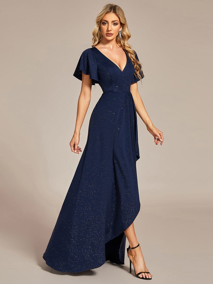 Ruffle Sleeves V Neck High Low Evening Dress #color_Navy Blue