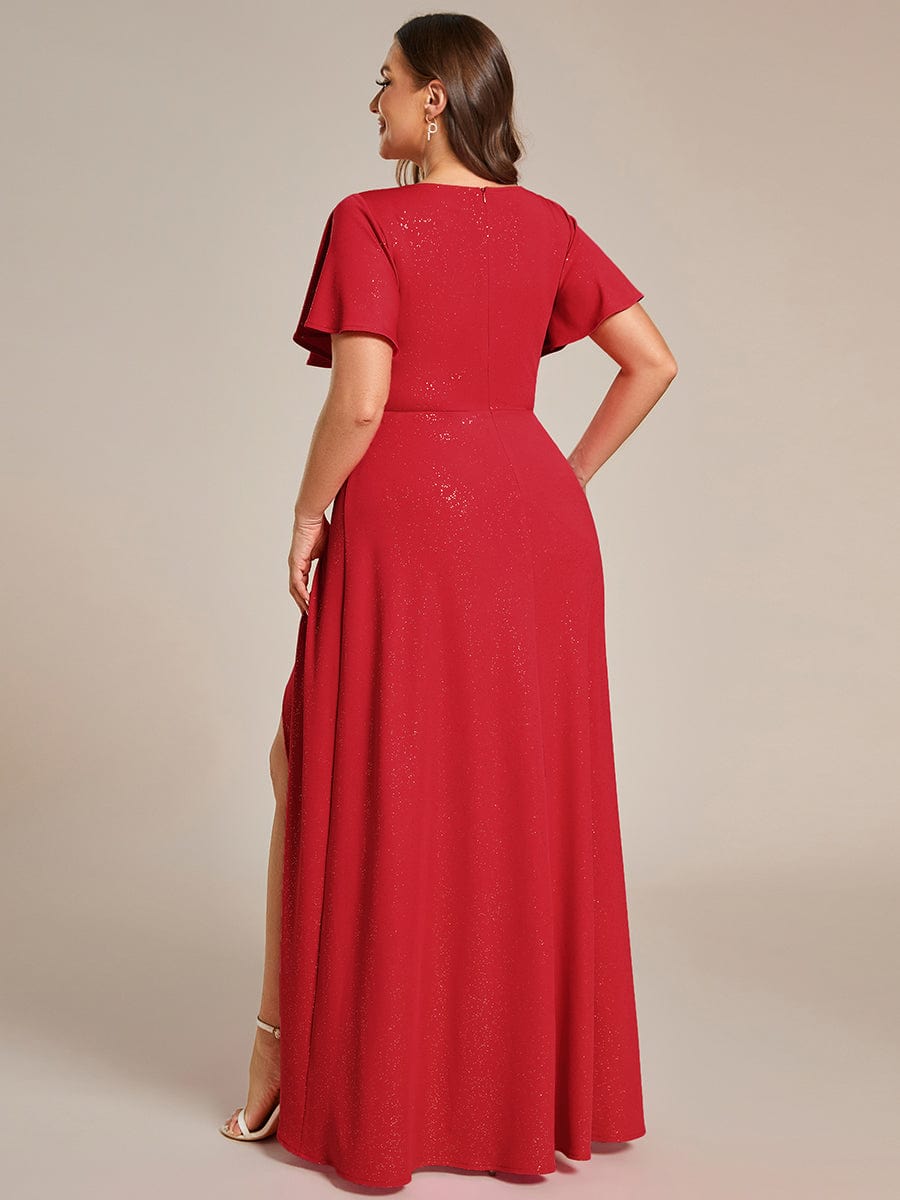 Plus Size Glittering High-Low Evening Dress with Flutter Sleeves #color_Red