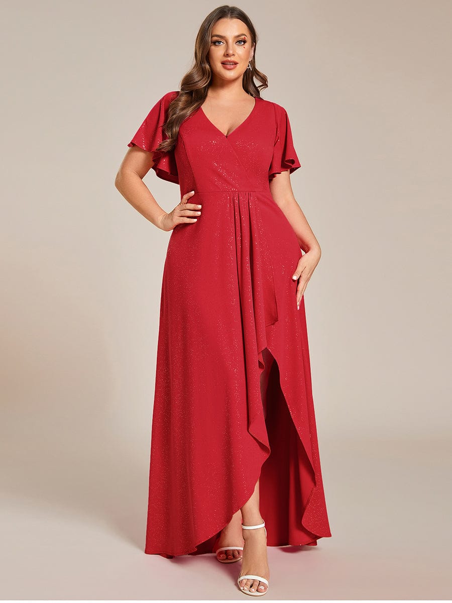 Plus Size Glittering High-Low Evening Dress with Flutter Sleeves #color_Red