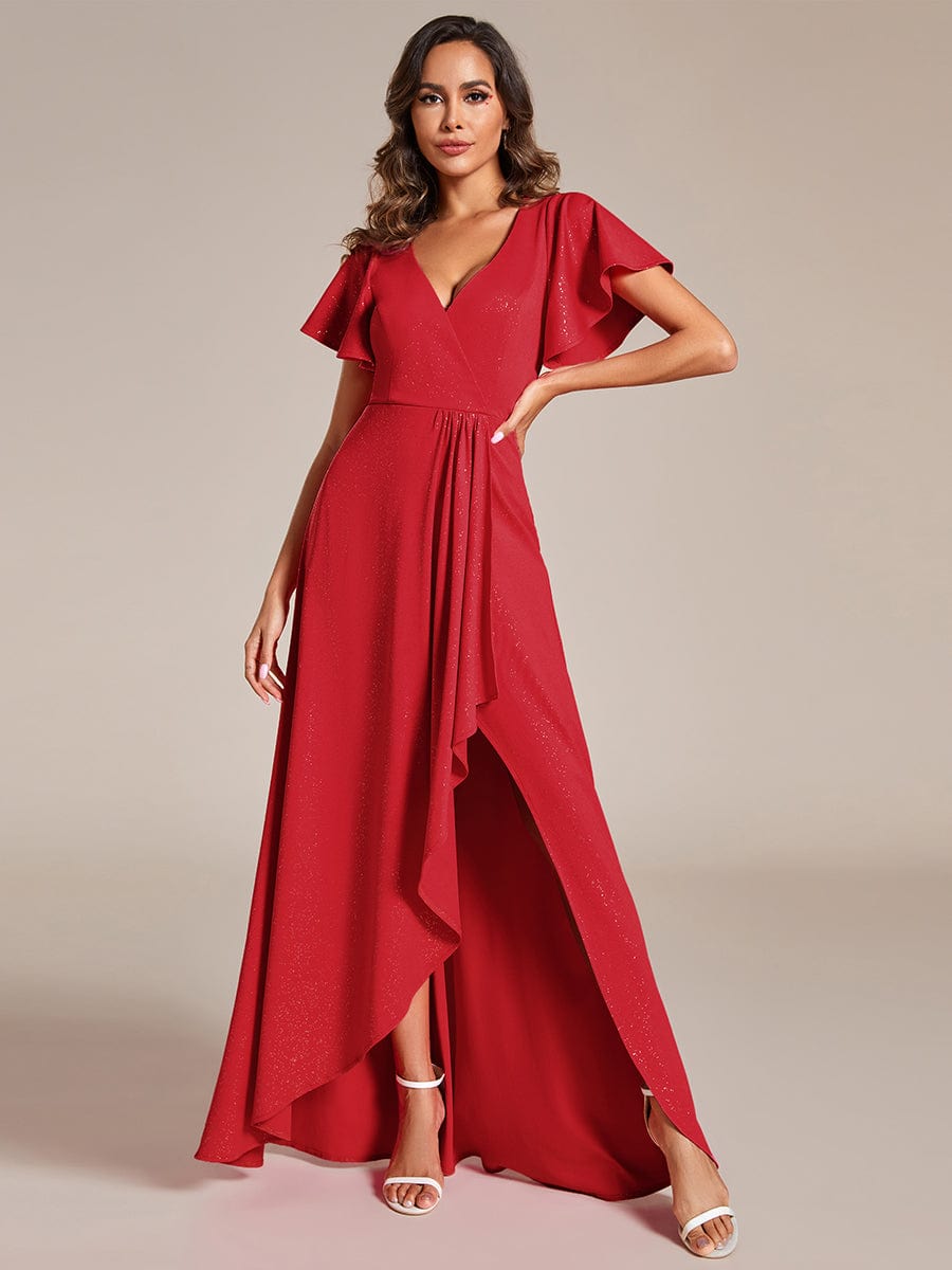 Ruffle Sleeves V Neck High Low Evening Dress #color_Red