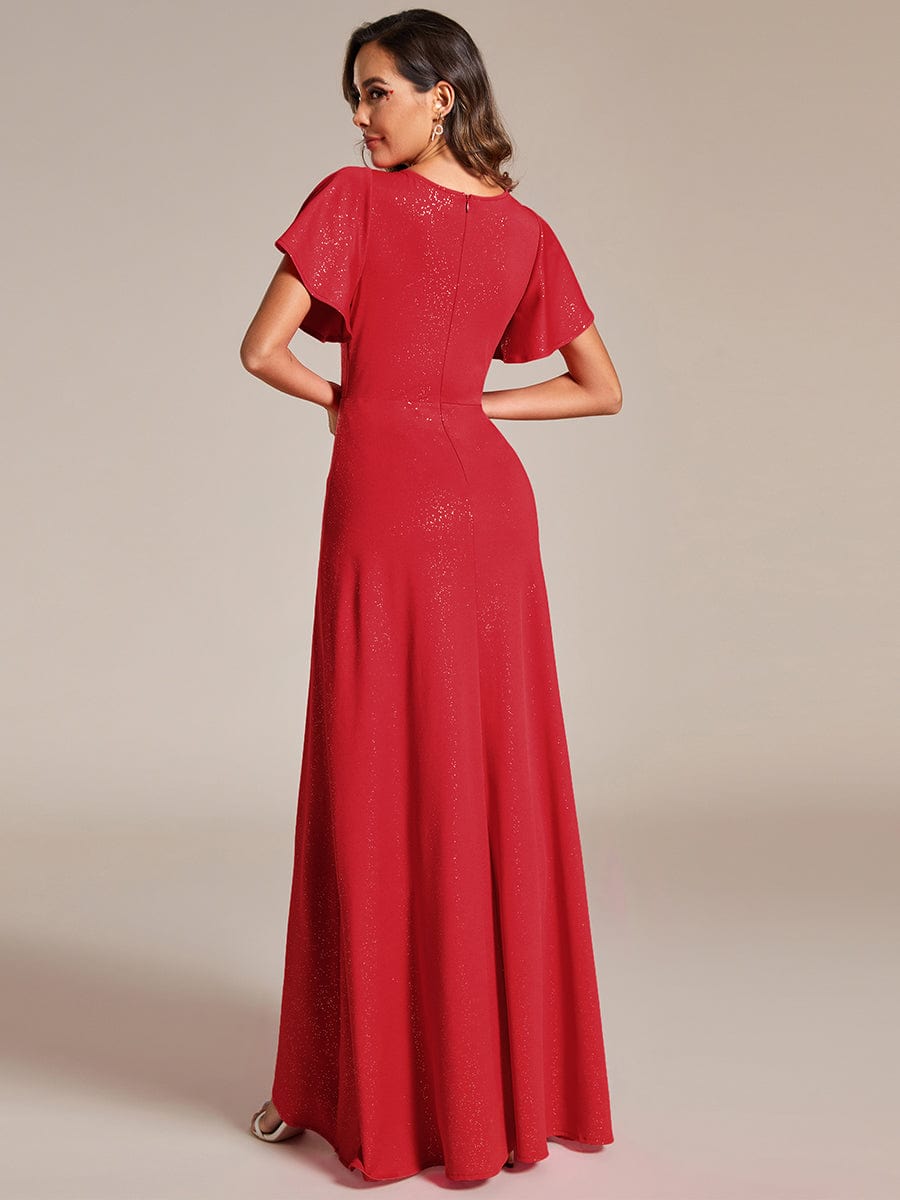 Ruffle Sleeves V Neck High Low Evening Dress #color_Red