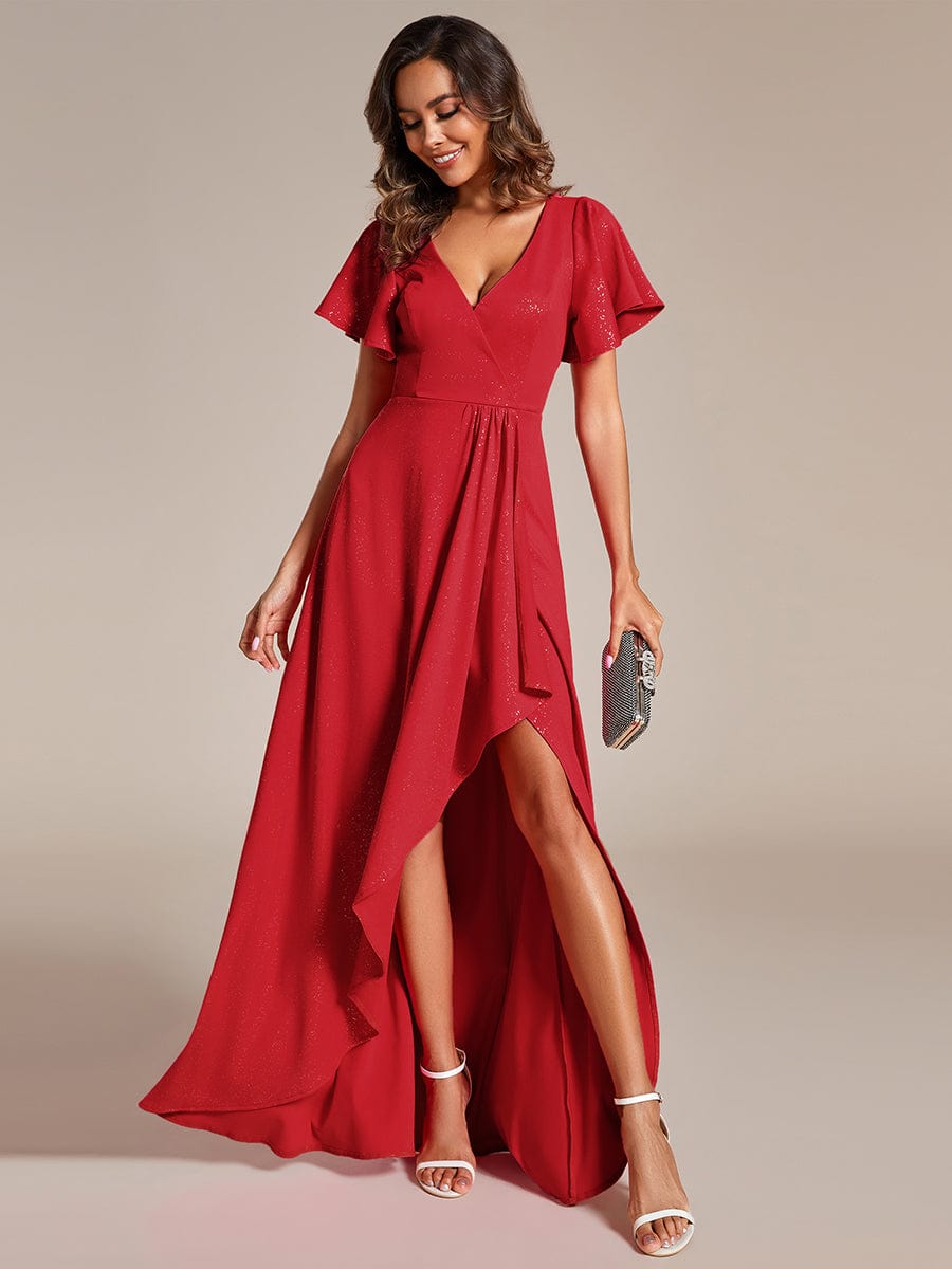 Ruffle Sleeves V Neck High Low Evening Dress #color_Red