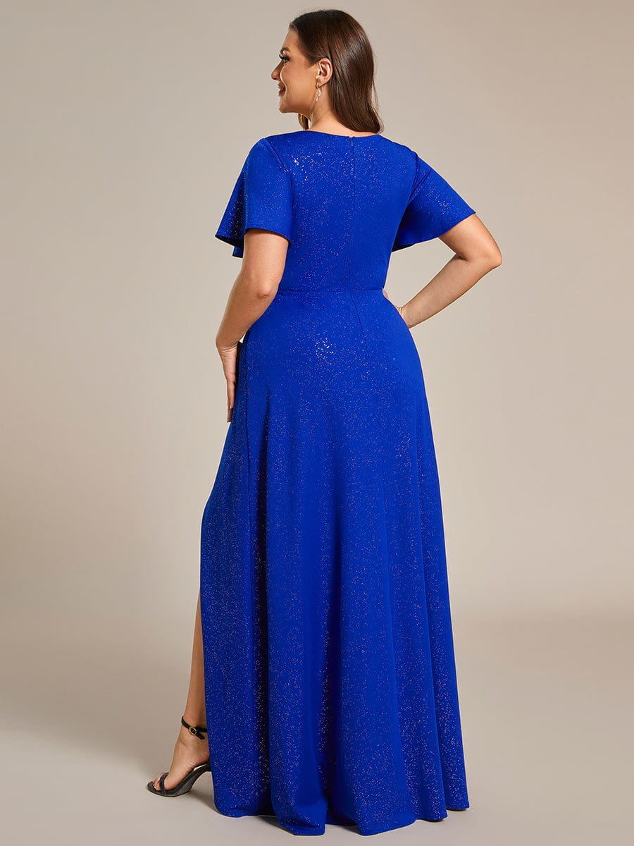 Ruffle Sleeves V Neck High Low Evening Dress #color_Sapphire Blue