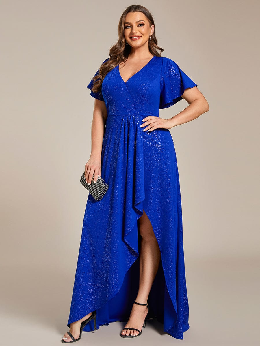 Ruffle Sleeves V Neck High Low Evening Dress #color_Sapphire Blue