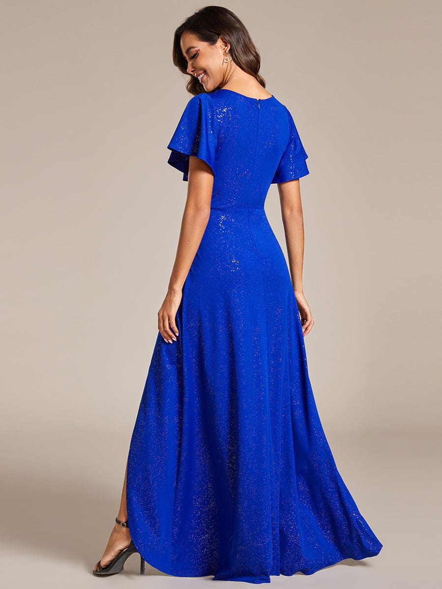 Ruffle Sleeves V Neck High Low Evening Dress #color_Sapphire Blue