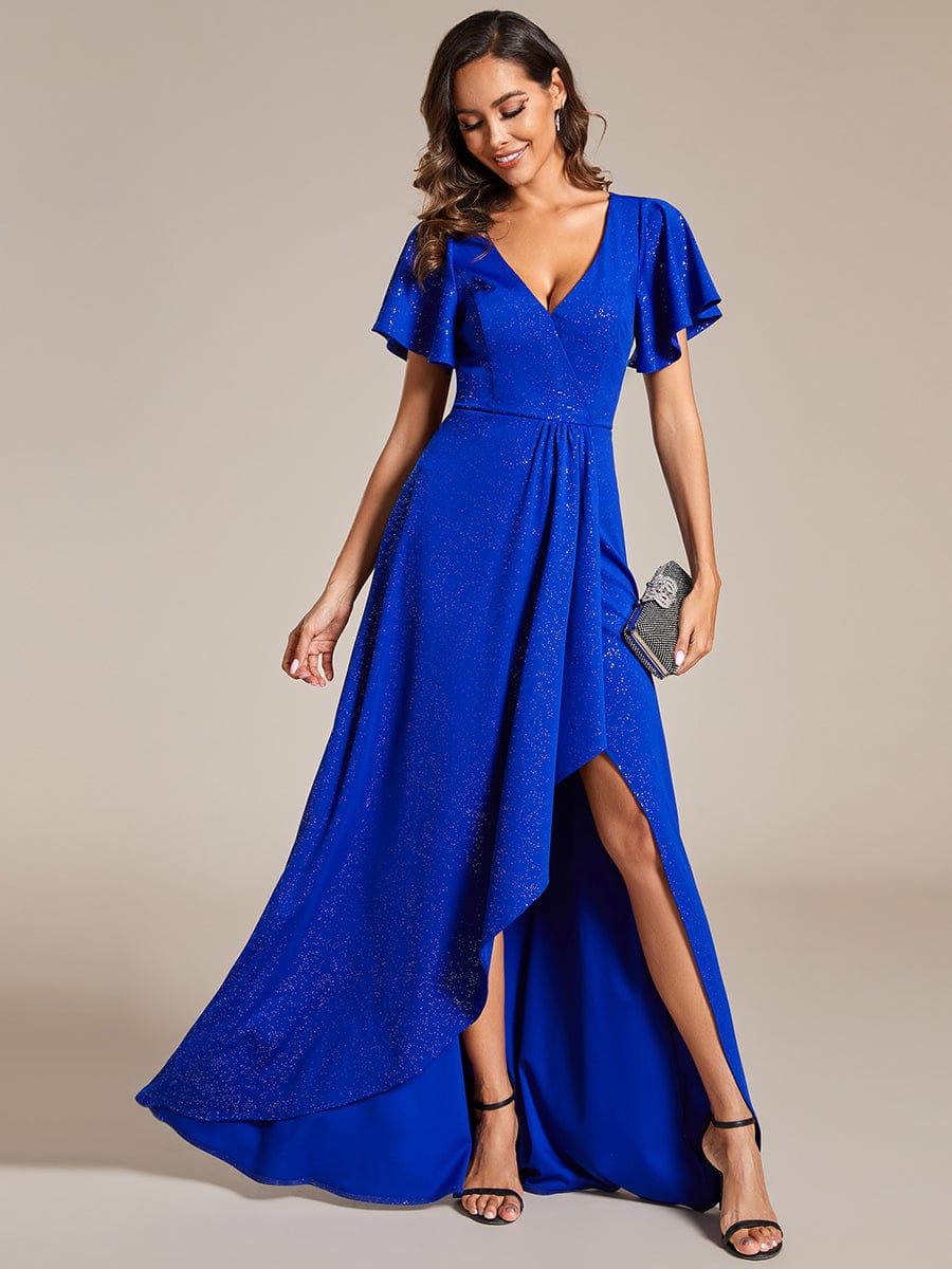 Ruffle Sleeves V Neck High Low Evening Dress #color_Sapphire Blue