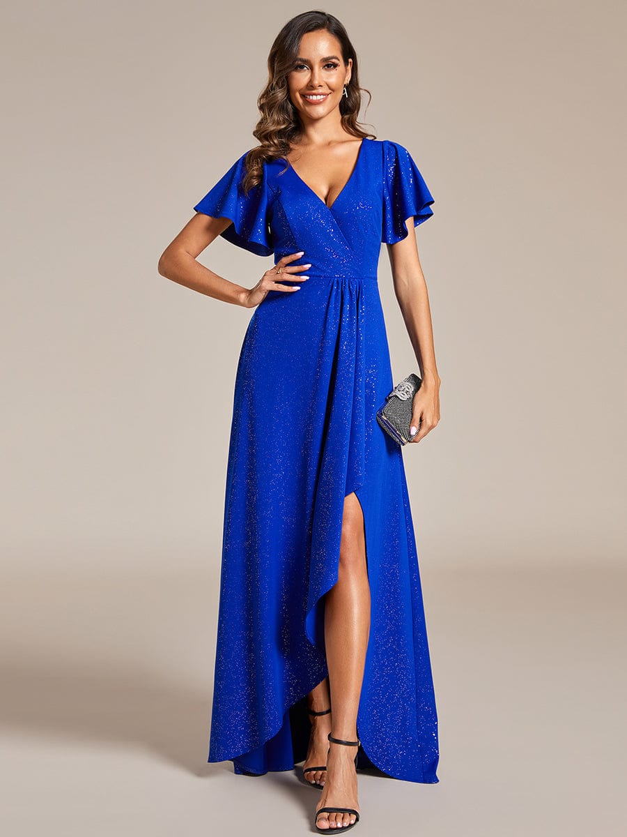 Ruffle Sleeves V Neck High Low Evening Dress #color_Sapphire Blue