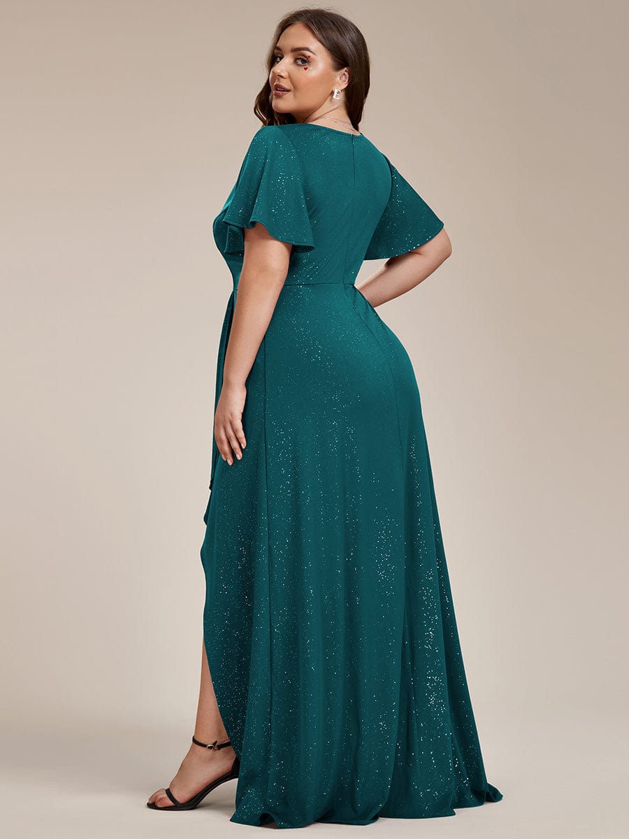 Ruffle Sleeves V Neck High Low Evening Dress #color_Teal