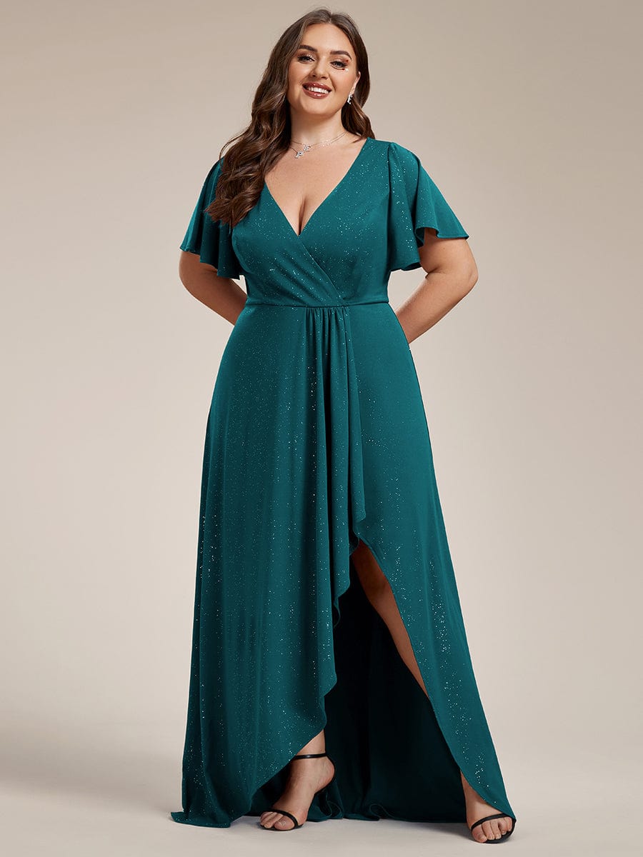 Ruffle Sleeves V Neck High Low Evening Dress #color_Teal