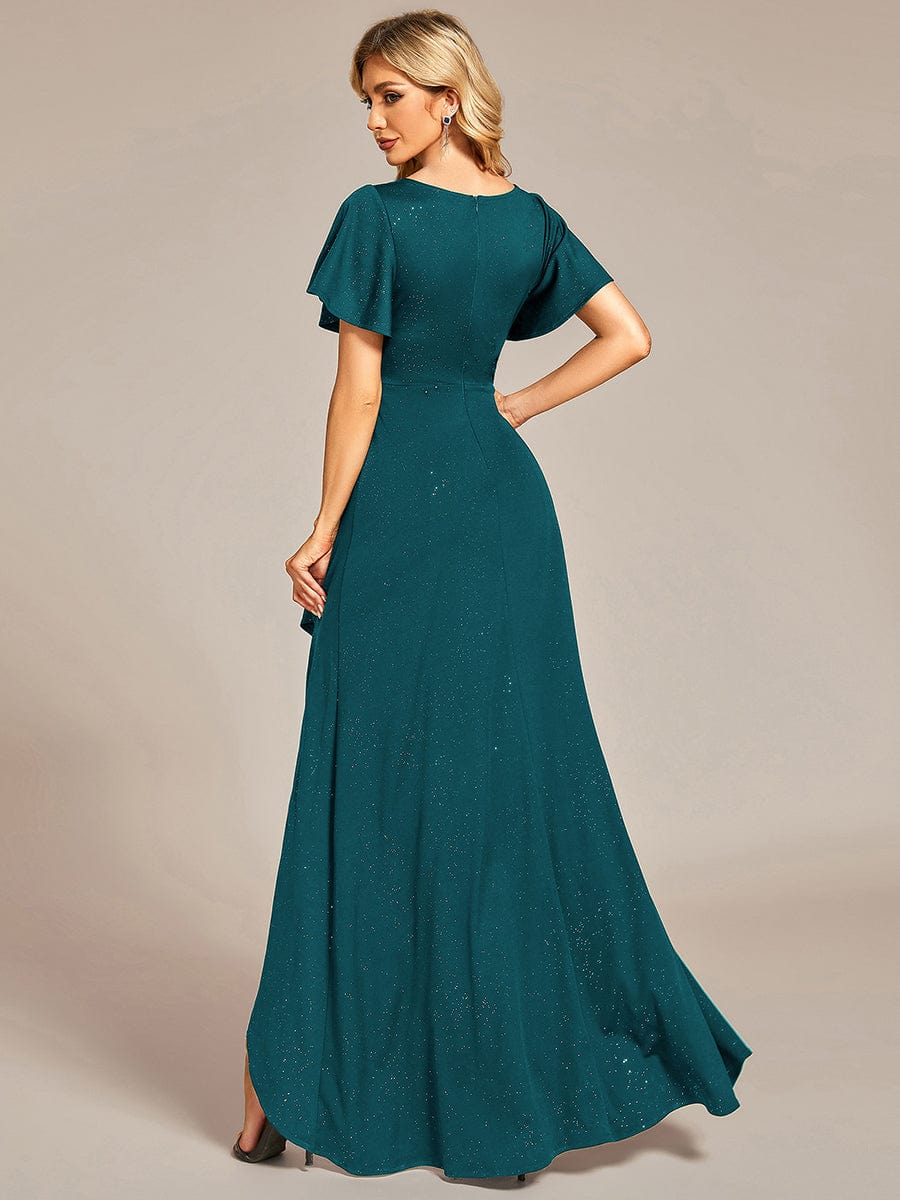 Ruffle Sleeves V Neck High Low Evening Dress #color_Teal