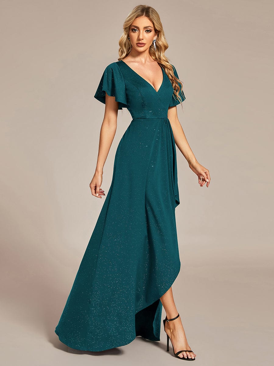 Ruffle Sleeves V Neck High Low Evening Dress #color_Teal