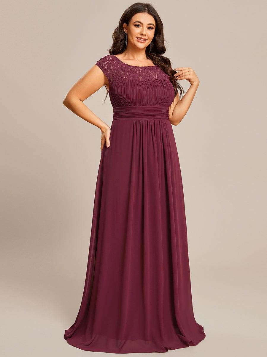 Plus Size Elegant Lace Chiffon Maxi Bridesmaid Dress #Color_Burgundy