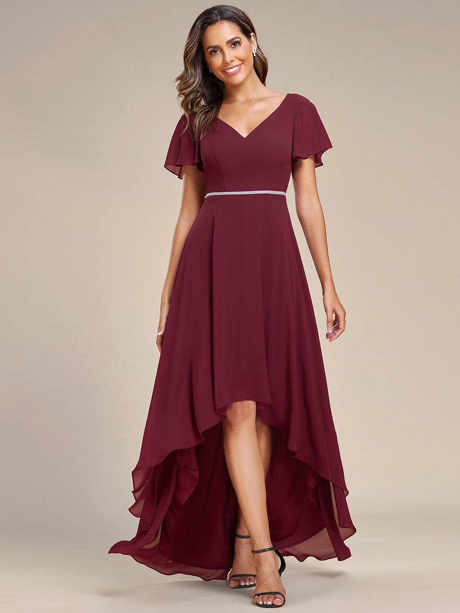 Chiffon Ruffle Sleeves V-Neck Bridesmaid Dress with High-Low Hemline #Color_Burgundy