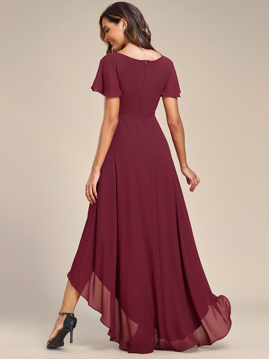 Chiffon Ruffle Sleeves V-Neck Bridesmaid Dress with High-Low Hemline #Color_Burgundy