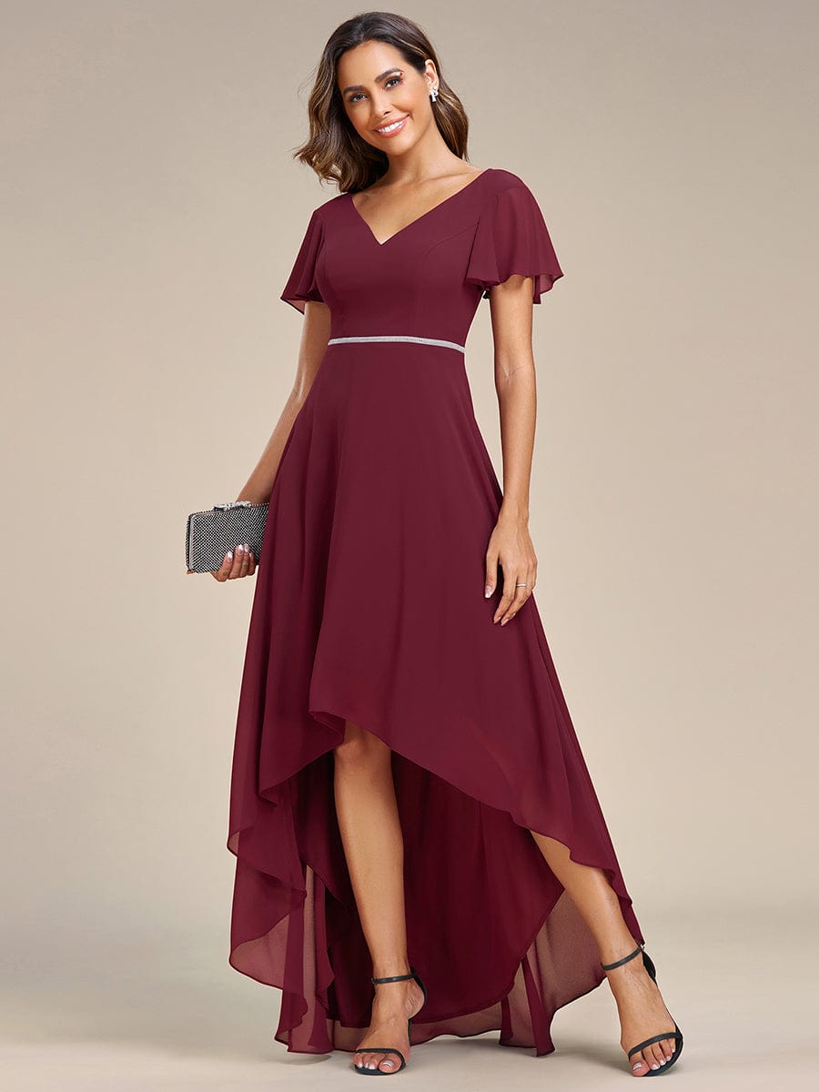 Chiffon Ruffle Sleeves V-Neck Bridesmaid Dress with High-Low Hemline #Color_Burgundy