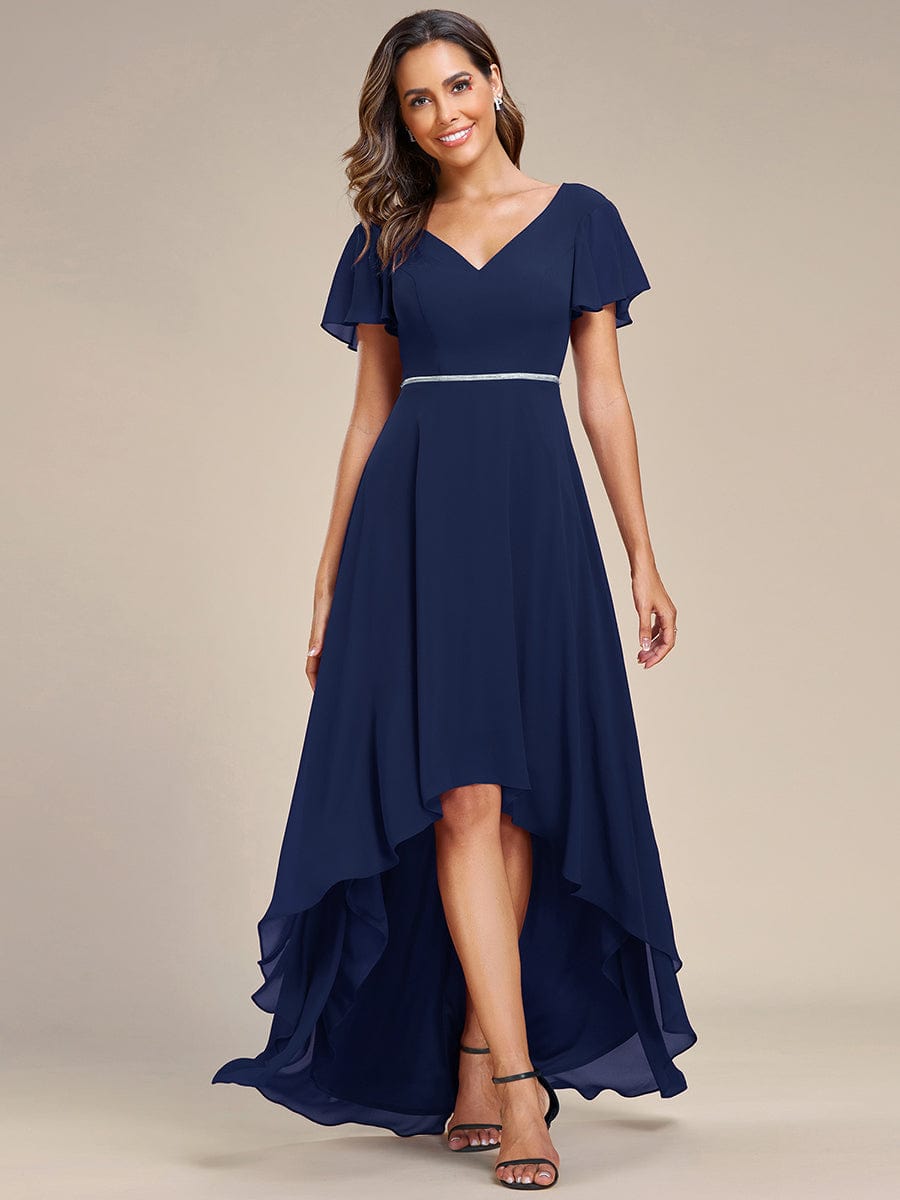 Chiffon Bridesmaid Dress with High Low Hemline V Neck Ruffle Sleeves Wedding Guest Dress Ever Pretty UK