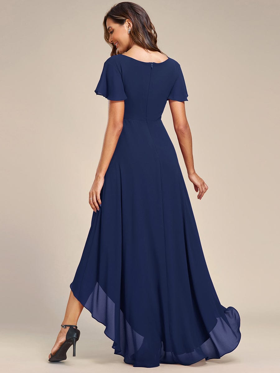 Chiffon Ruffle Sleeves V-Neck Bridesmaid Dress with High-Low Hemline #Color_Navy Blue