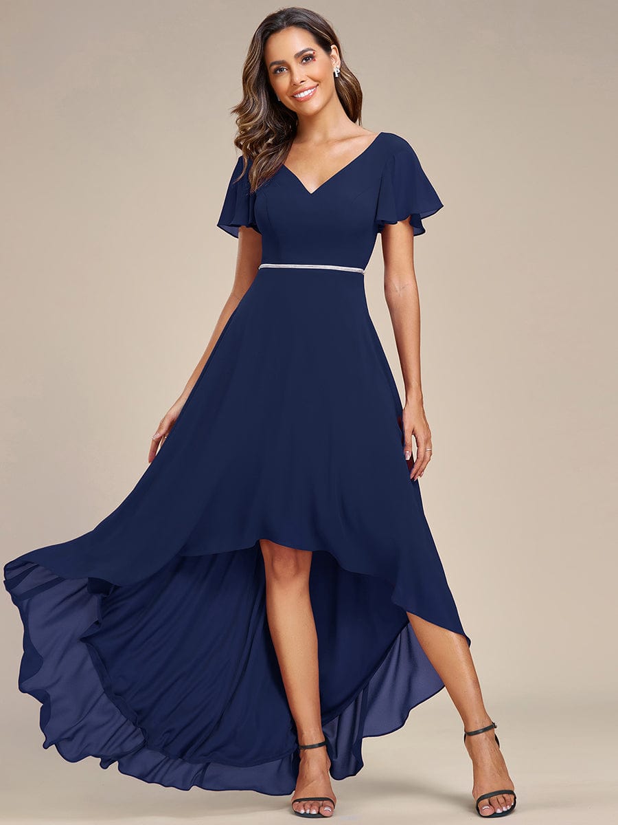 Chiffon Ruffle Sleeves V-Neck Bridesmaid Dress with High-Low Hemline #Color_Navy Blue