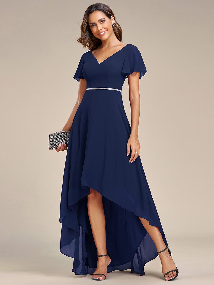 Chiffon Ruffle Sleeves V-Neck Bridesmaid Dress with High-Low Hemline #Color_Navy Blue