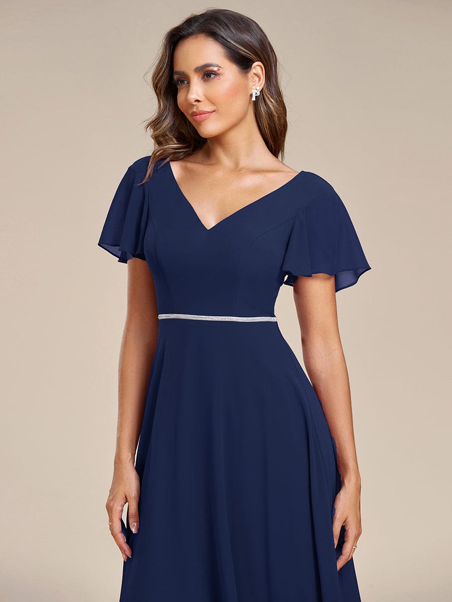 Chiffon Ruffle Sleeves V-Neck Bridesmaid Dress with High-Low Hemline #Color_Navy Blue