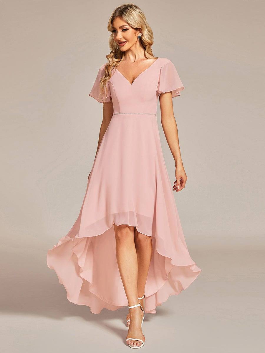 Chiffon Bridesmaid Dress with High Low Hemline V Neck Ruffle Sleeves Wedding Guest Dress Ever Pretty UK