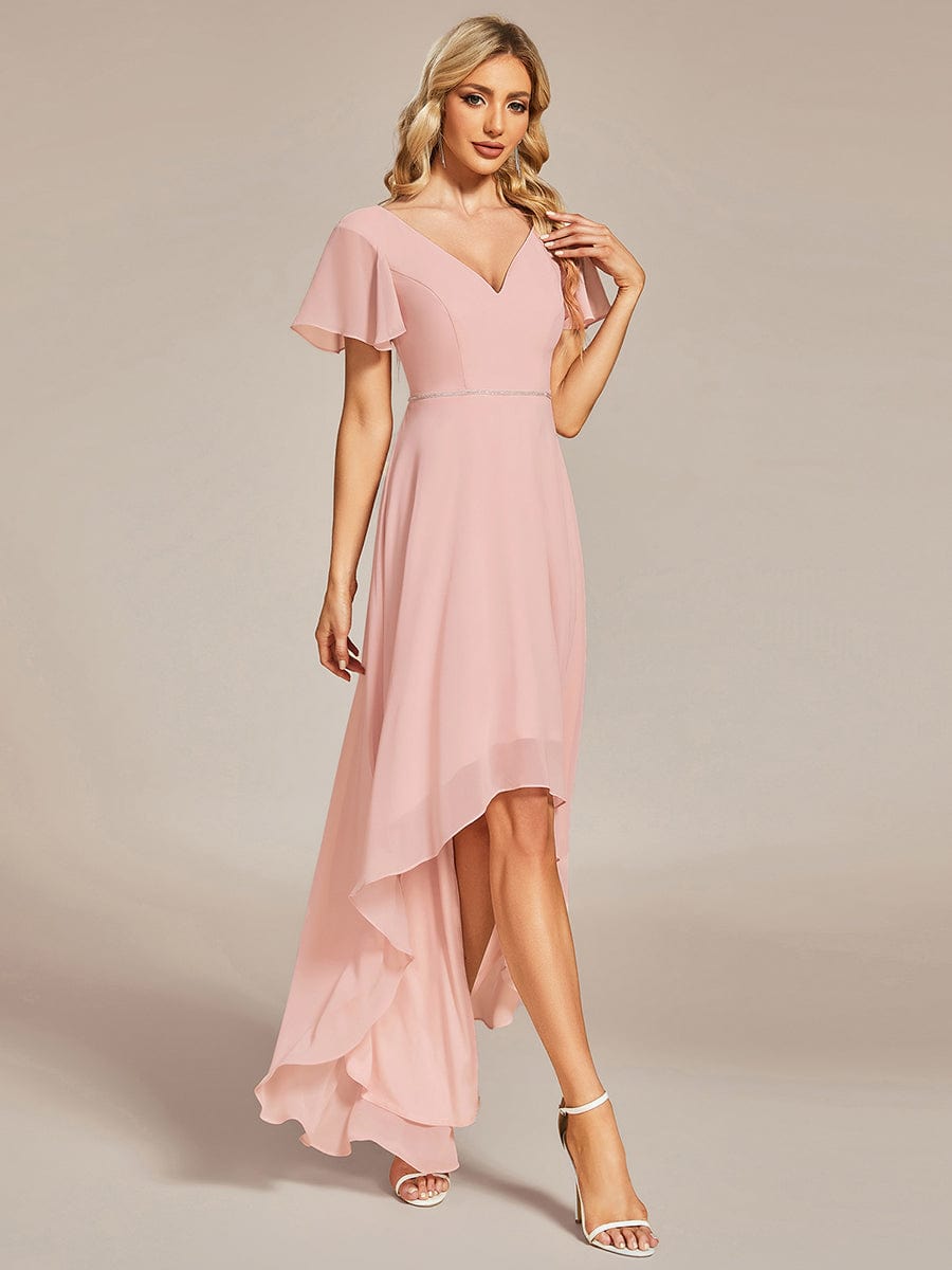 Chiffon Ruffle Sleeves V-Neck Bridesmaid Dress with High-Low Hemline #Color_Pink