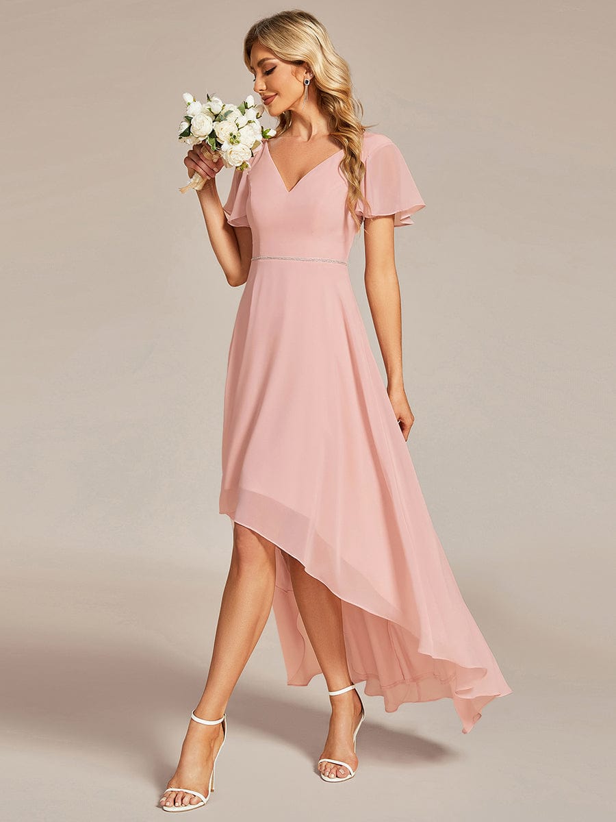 Chiffon Ruffle Sleeves V-Neck Bridesmaid Dress with High-Low Hemline #Color_Pink