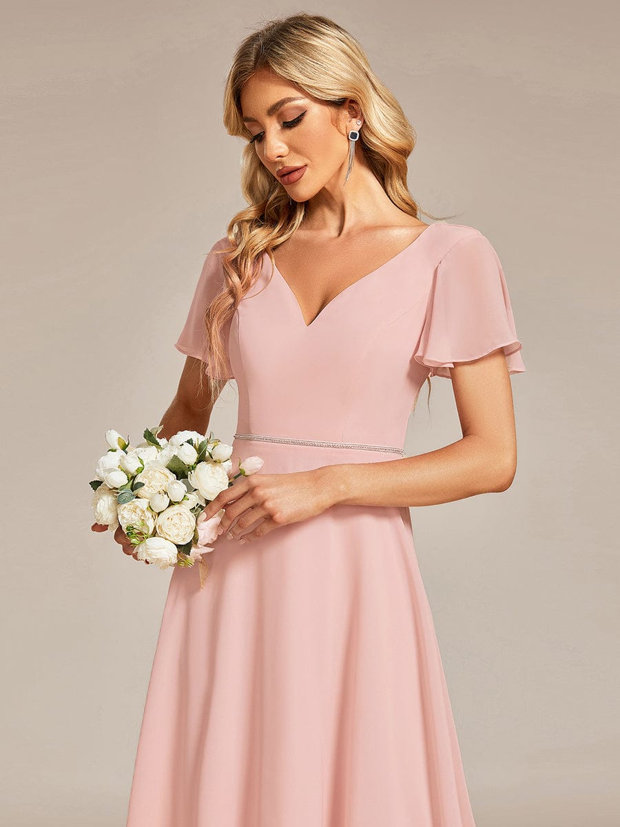 Chiffon Ruffle Sleeves V-Neck Bridesmaid Dress with High-Low Hemline #Color_Pink