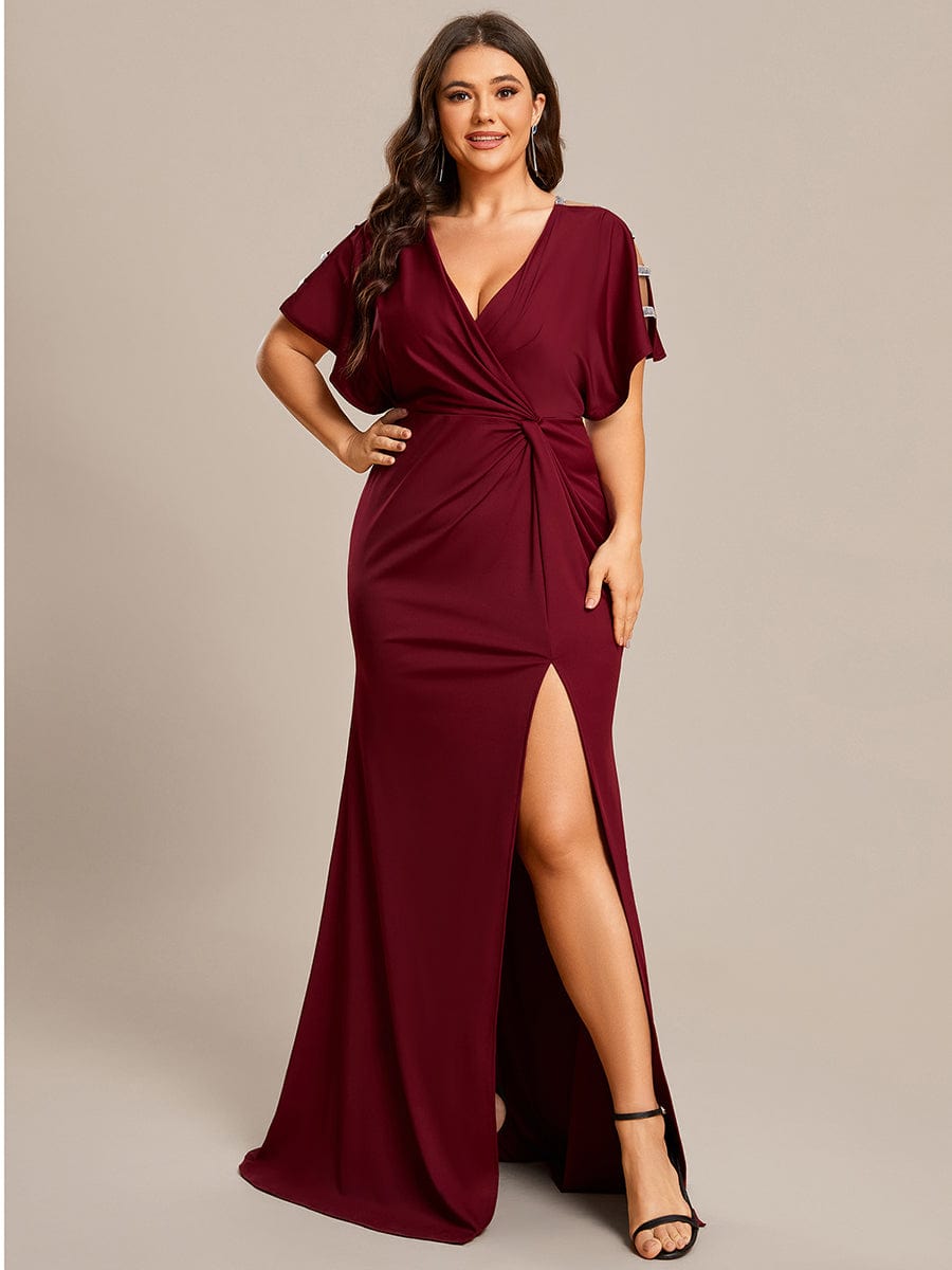 High Split Hollow Out Sleeve V-Neck Evening Dress #color_Burgundy