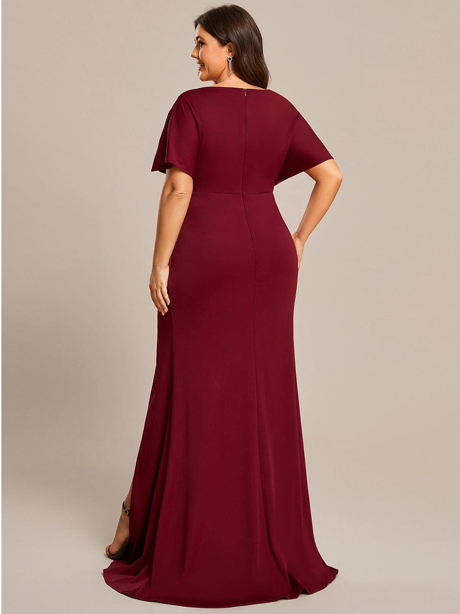 High Split Hollow Out Sleeve V-Neck Evening Dress #color_Burgundy