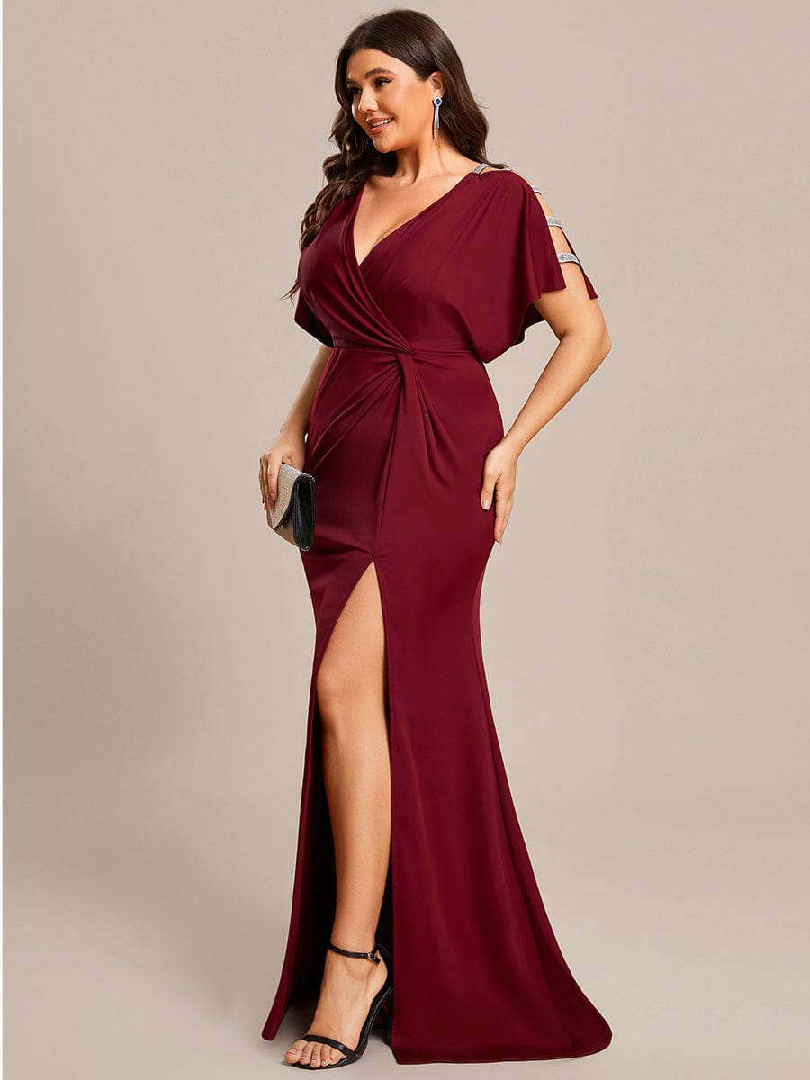 High Split Hollow Out Sleeve V-Neck Evening Dress #color_Burgundy