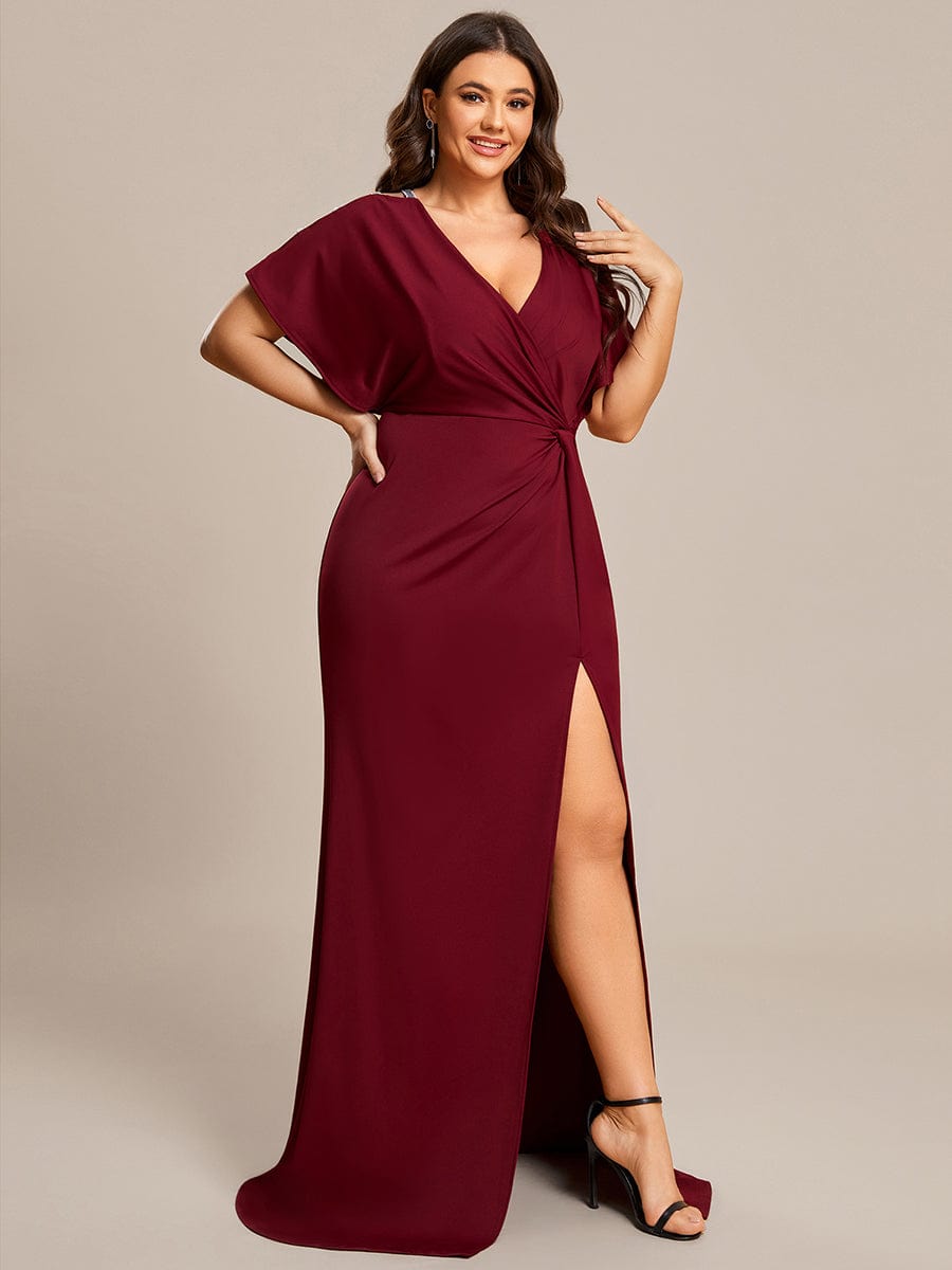 High Split Hollow Out Sleeve V-Neck Evening Dress #color_Burgundy