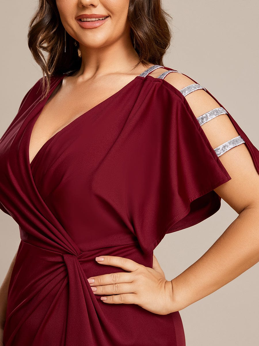 High Split Hollow Out Sleeve V-Neck Evening Dress #color_Burgundy