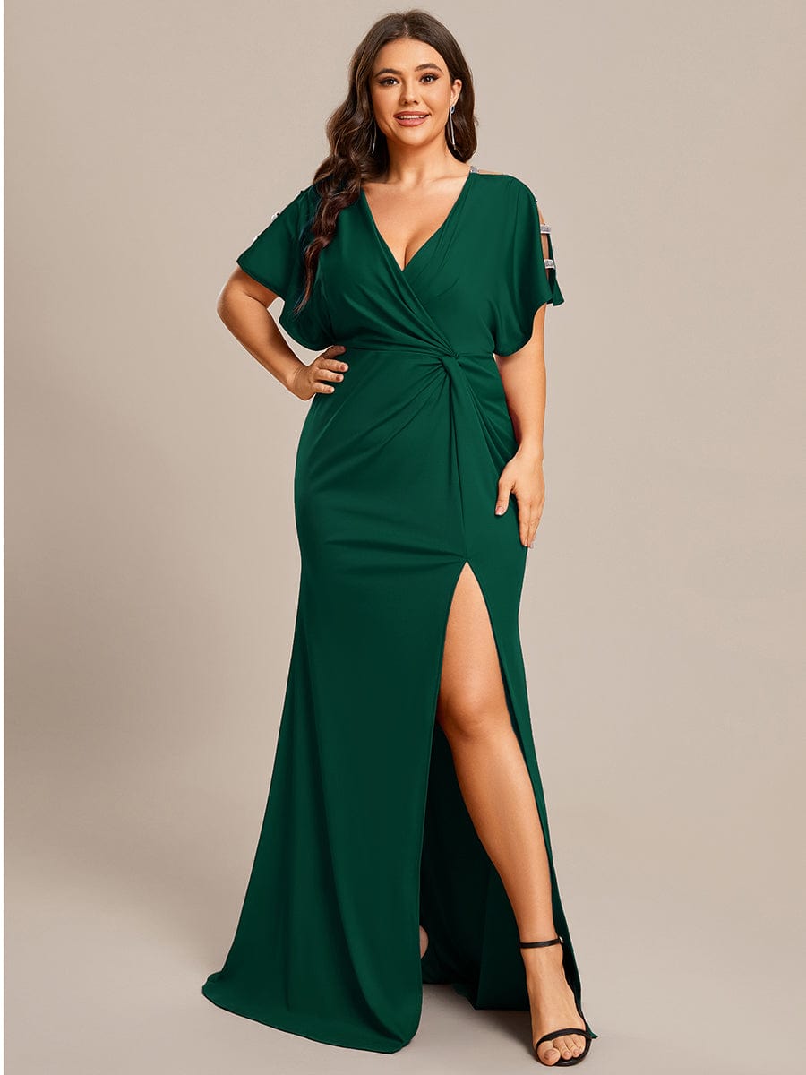 High Split Hollow Out Sleeve V-Neck Evening Dress #color_Dark Green