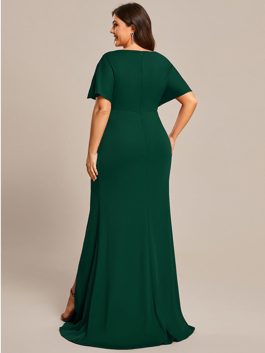 High Split Hollow Out Sleeve V-Neck Evening Dress #color_Dark Green