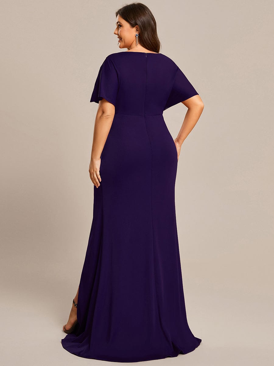 Plus Size Sequin Sleeve High Split Evening Dress with Pleated #color_Dark Purple