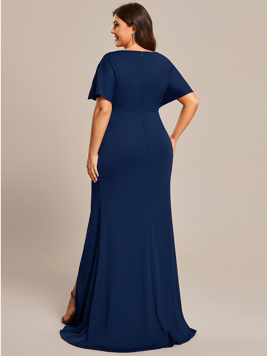 High Split Hollow Out Sleeve V-Neck Evening Dress #color_Navy Blue