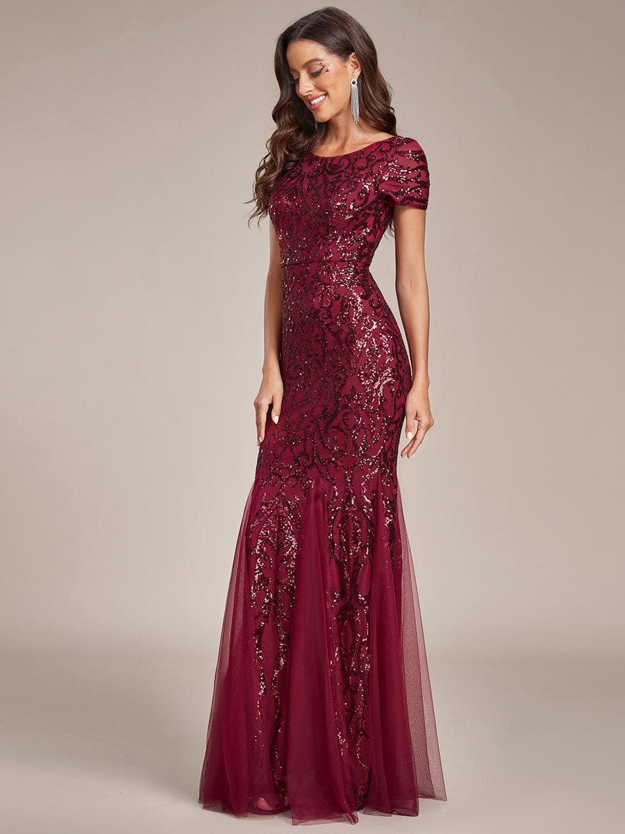 Sequin Bodycon Round Neckline Mermaid Evening Dress #color_Burgundy