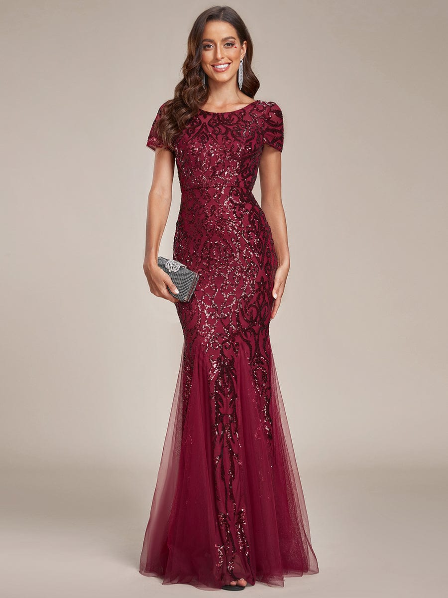 Sequin Bodycon Round Neckline Mermaid Evening Dress #color_Burgundy