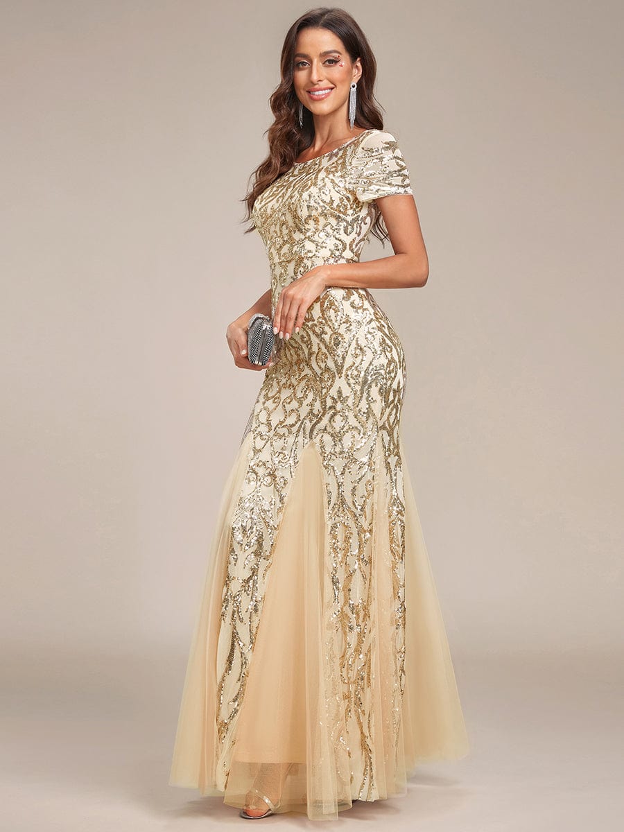 Sequin Bodycon Round Neckline Mermaid Evening Dress #color_Gold