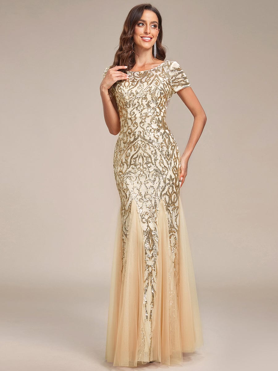 Sequin Bodycon Round Neckline Mermaid Evening Dress #color_Gold