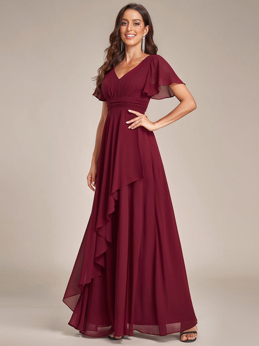 Ruffles Sleeve High Split Chiffon Evening Dress #color_Burgundy