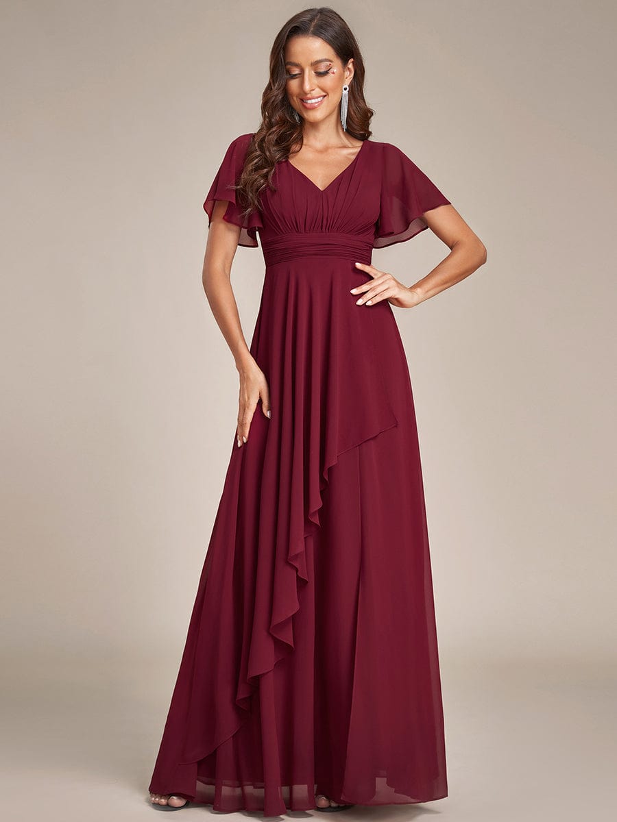 Ruffles Sleeve High Split Chiffon Evening Dress #color_Burgundy