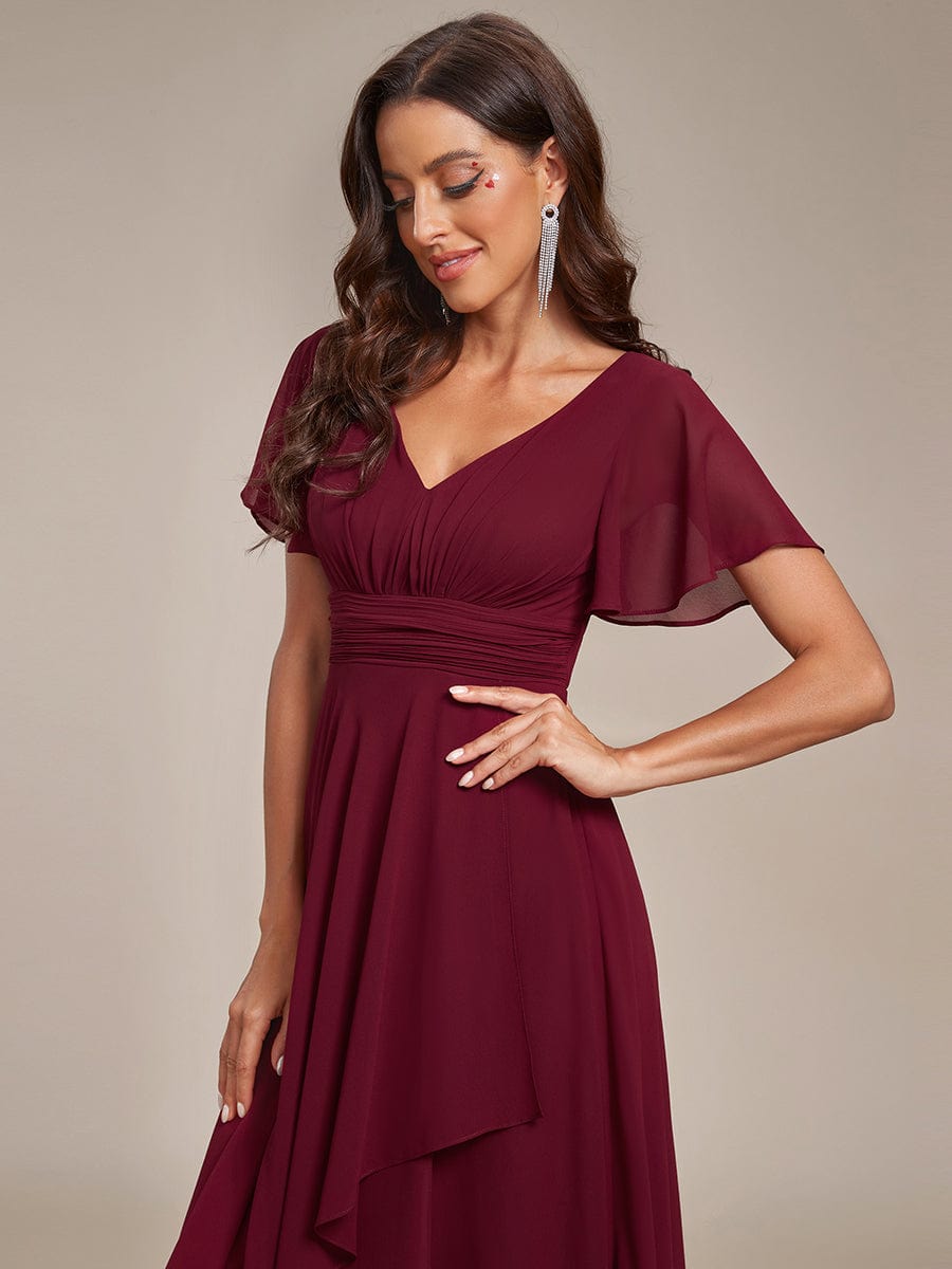 Ruffles Sleeve High Split Chiffon Evening Dress #color_Burgundy