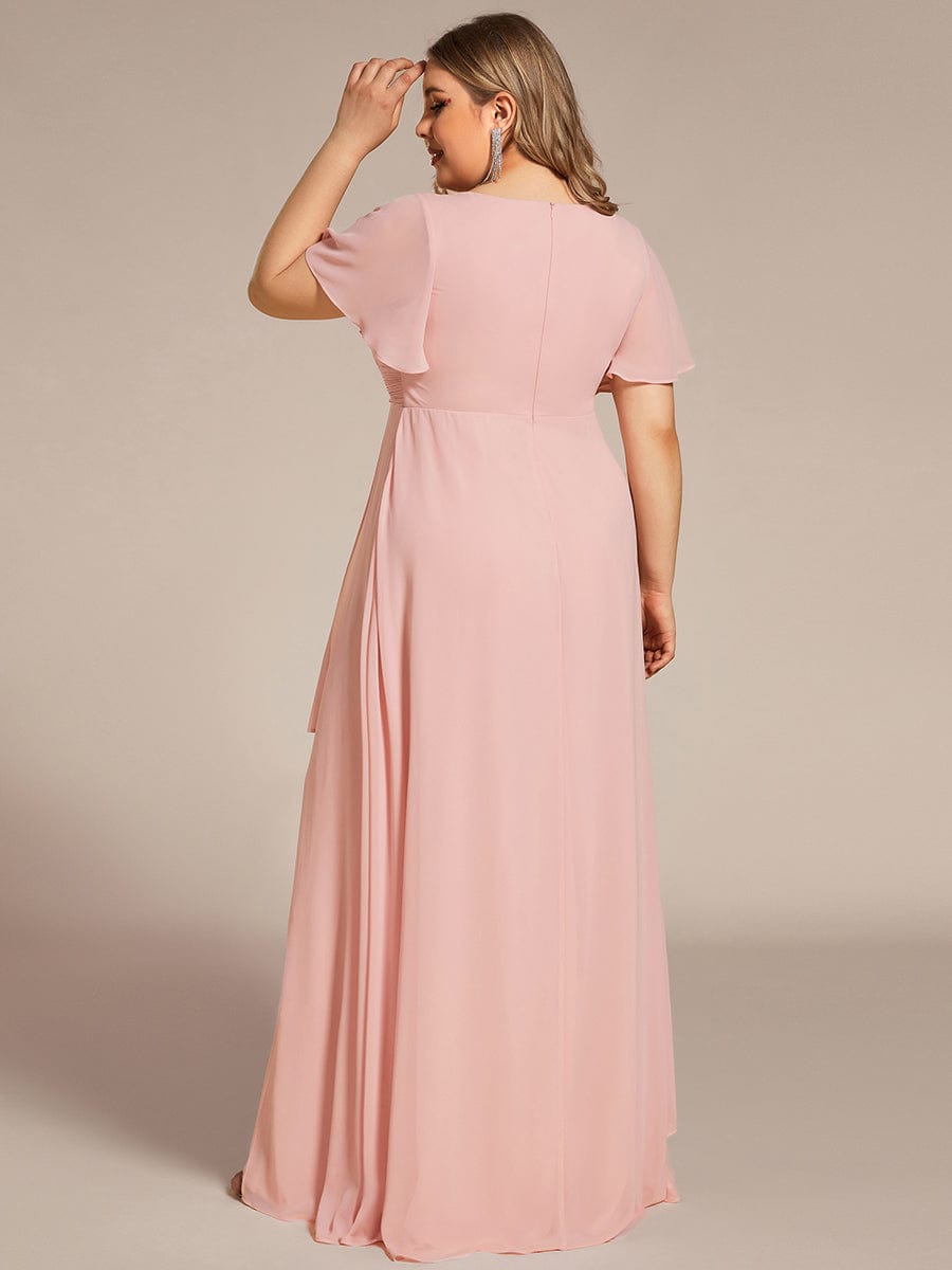 Ruffles Sleeve High Split Chiffon Evening Dress #color_Pink