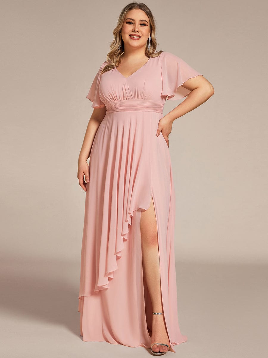 Ruffles Sleeve High Split Chiffon Evening Dress #color_Pink