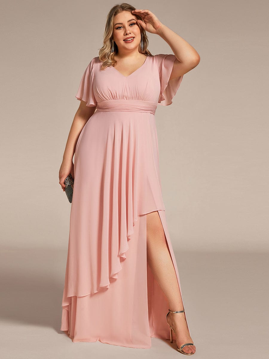 Ruffles Sleeve High Split Chiffon Evening Dress #color_Pink